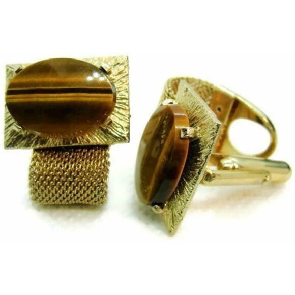 Oval Tiger Eye Mesh Wraparound Bullet Gold Tone Cuff Link Mens Vintage Cufflinks - Picture 8 of 8